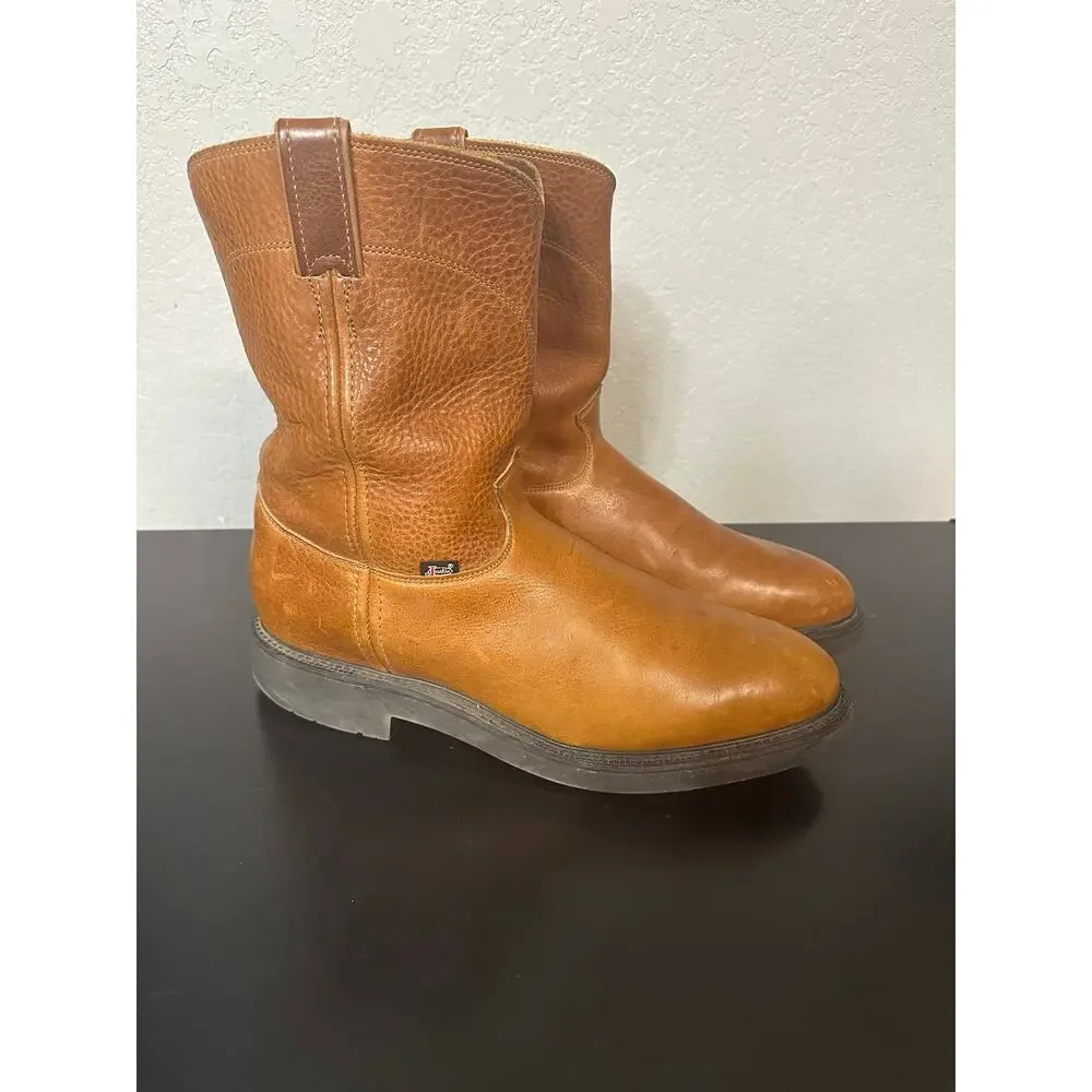 Justin 4766 Pull On Rounded Steel Toe Work Boots Men 14D Western Blue Collar